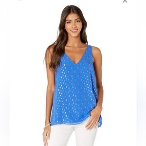 Lilly Pulitzer Florin SILK Royal Blue metallic polka dots Tank top V neck / back